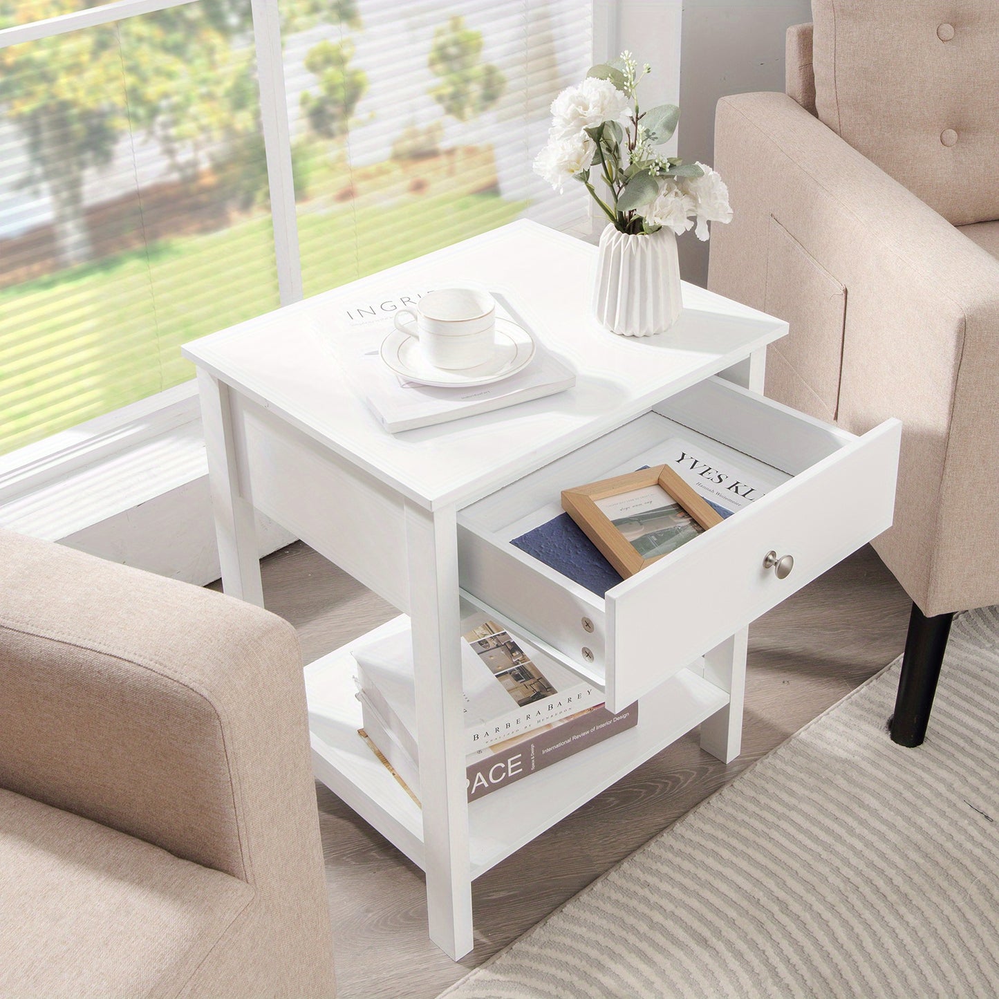 Nachtkastje – Bedside Table – Bijzettafel – Opbergkastje – Ladekastje – Wit MDF & Geperst Hout – Compact Design met Ruime Opbergruimte