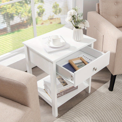 Nachtkastje – Bedside Table – Bijzettafel – Opbergkastje – Ladekastje – Wit MDF & Geperst Hout – Compact Design met Ruime Opbergruimte