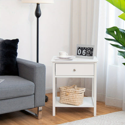 Nachtkastje – Bedside Table – Bijzettafel – Opbergkastje – Ladekastje – Wit MDF & Geperst Hout – Compact Design met Ruime Opbergruimte
