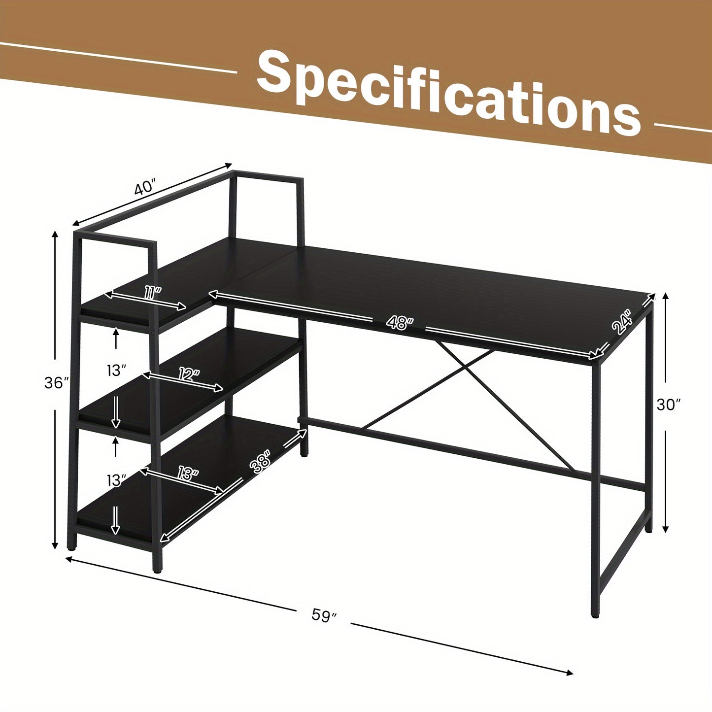 Hoekbureau – L-vormig Bureau – Computerbureau – Werkplek Meubel – Study Desk – Reversibel Ontwerp – Met 3 Open Planken – Zwart – Stevig Metaal & Houtfineer – Ruim Werkblad 122x61 cm