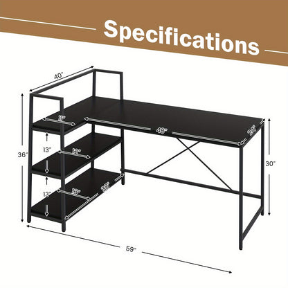 Hoekbureau – L-vormig Bureau – Computerbureau – Werkplek Meubel – Study Desk – Reversibel Ontwerp – Met 3 Open Planken – Zwart – Stevig Metaal & Houtfineer – Ruim Werkblad 122x61 cm