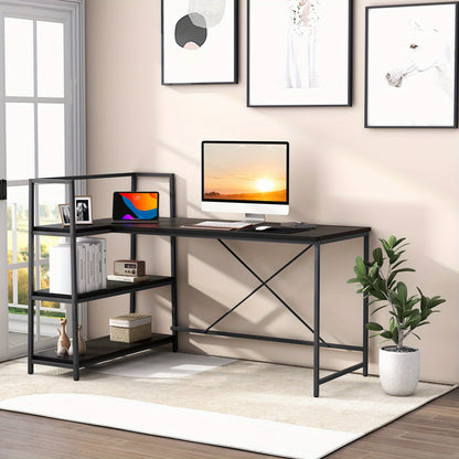 Hoekbureau – L-vormig Bureau – Computerbureau – Werkplek Meubel – Study Desk – Reversibel Ontwerp – Met 3 Open Planken – Zwart – Stevig Metaal & Houtfineer – Ruim Werkblad 122x61 cm