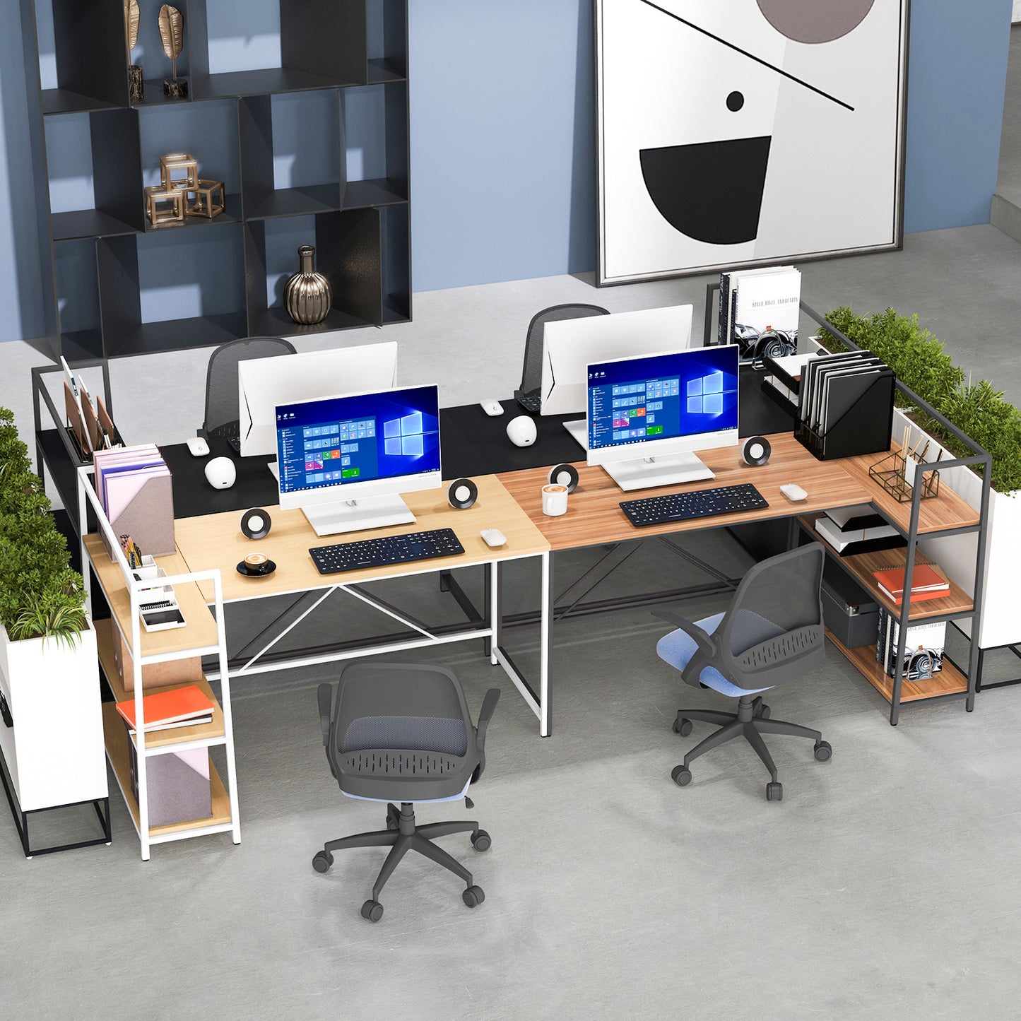 Hoekbureau – L-vormig Bureau – Computerbureau – Werkplek Meubel – Study Desk – Reversibel Ontwerp – Met 3 Open Planken – Zwart – Stevig Metaal & Houtfineer – Ruim Werkblad 122x61 cm
