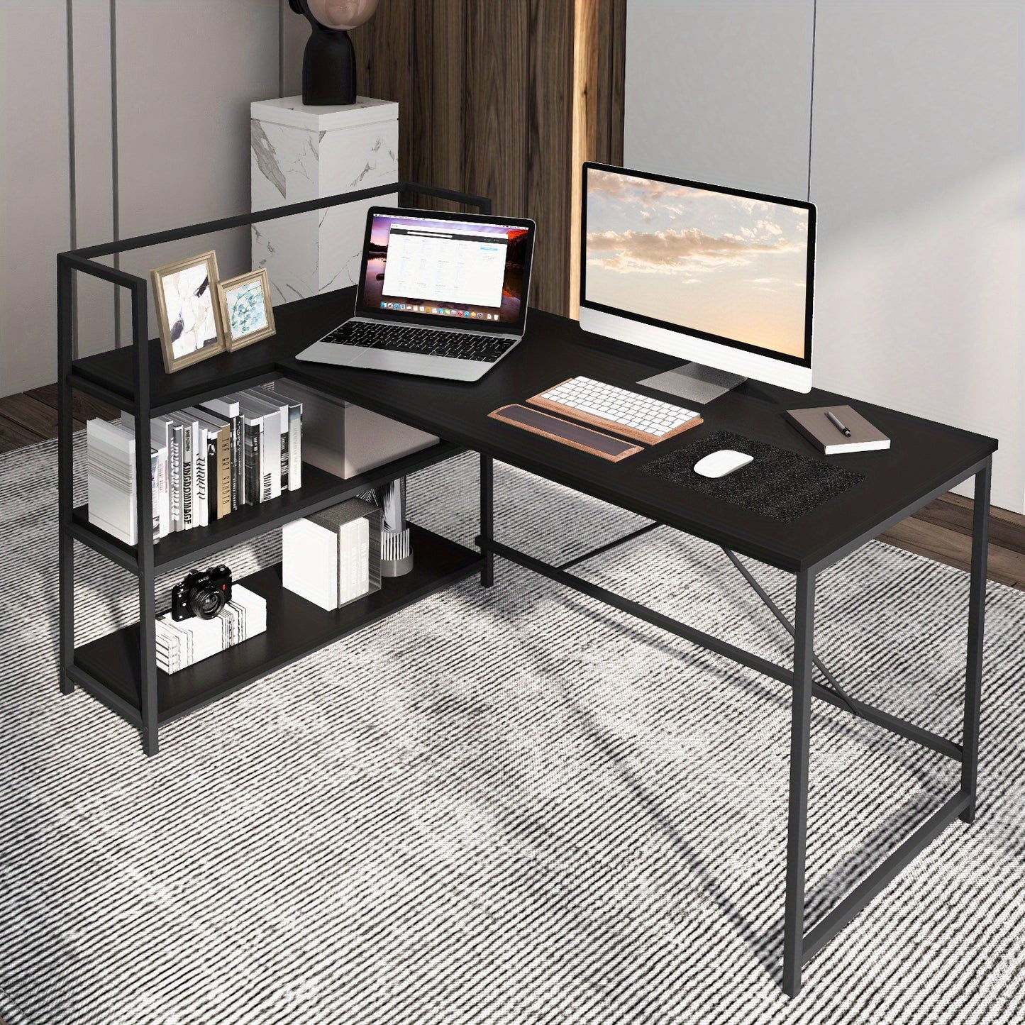 Hoekbureau – L-vormig Bureau – Computerbureau – Werkplek Meubel – Study Desk – Reversibel Ontwerp – Met 3 Open Planken – Zwart – Stevig Metaal & Houtfineer – Ruim Werkblad 122x61 cm