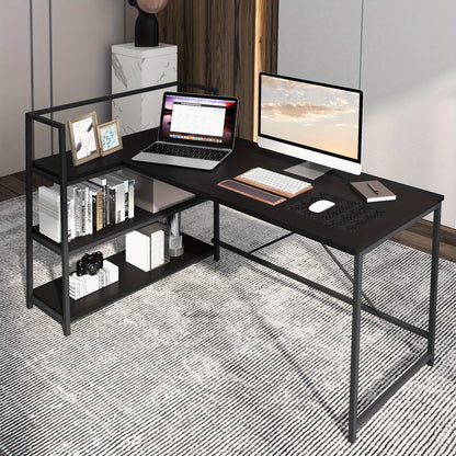 Hoekbureau – L-vormig Bureau – Computerbureau – Werkplek Meubel – Study Desk – Reversibel Ontwerp – Met 3 Open Planken – Zwart – Stevig Metaal & Houtfineer – Ruim Werkblad 122x61 cm