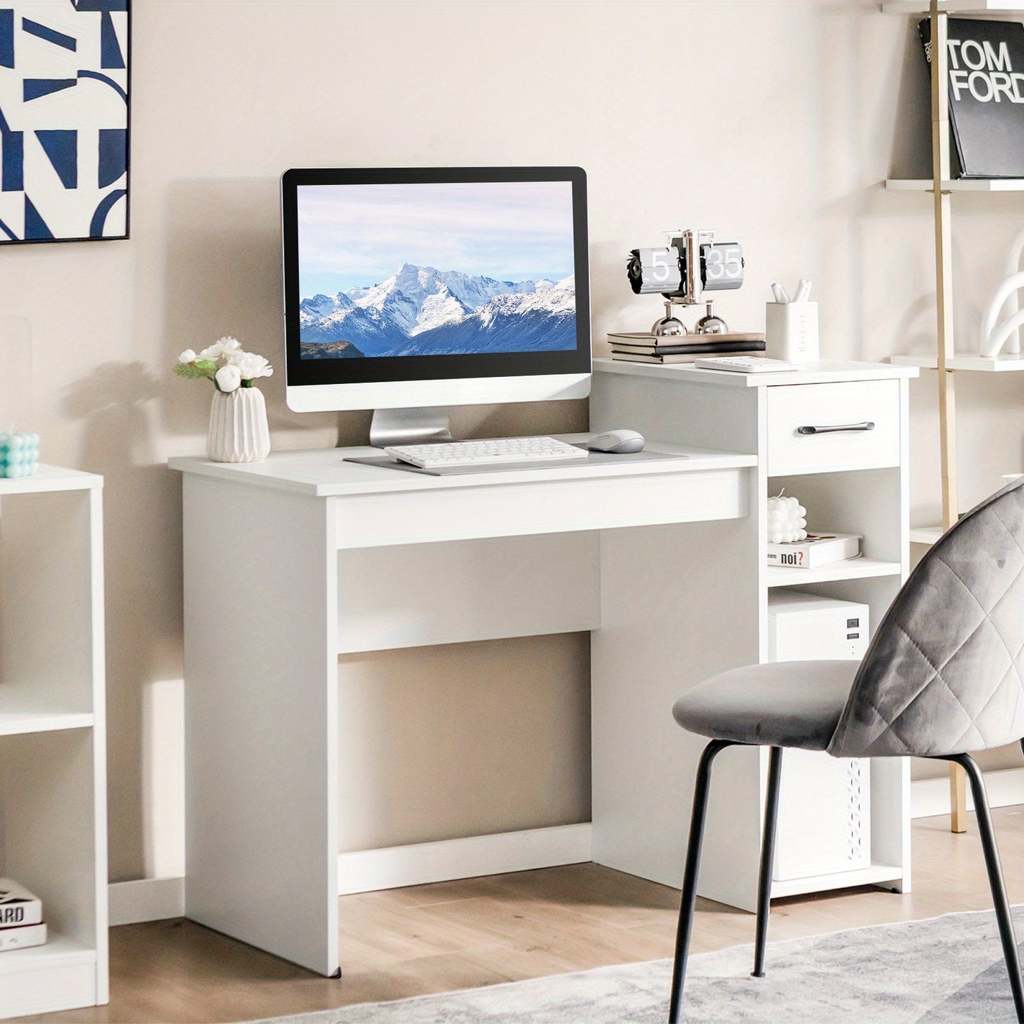 Bureau – Computertafel – Bureautafel – Werktafel – Schrijftafel – Wit – MDF houtfineer – Ingebouwde lade en verhoogd platform