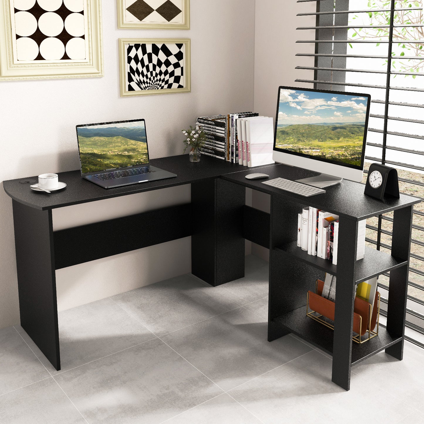 Hoekbureau – L-vormig bureau – Computerbureau – Kantoorbureau – Schrijftafel – Zwart – 130x130x74 cm – Met kabelgaten en opbergruimte