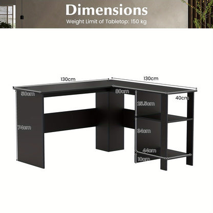 Hoekbureau – L-vormig bureau – Computerbureau – Kantoorbureau – Schrijftafel – Zwart – 130x130x74 cm – Met kabelgaten en opbergruimte