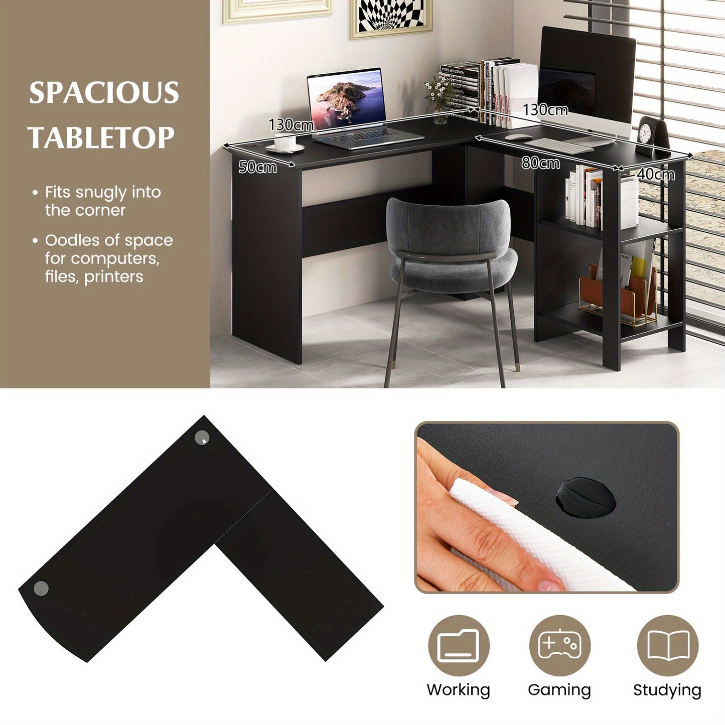 Hoekbureau – L-vormig bureau – Computerbureau – Kantoorbureau – Schrijftafel – Zwart – 130x130x74 cm – Met kabelgaten en opbergruimte
