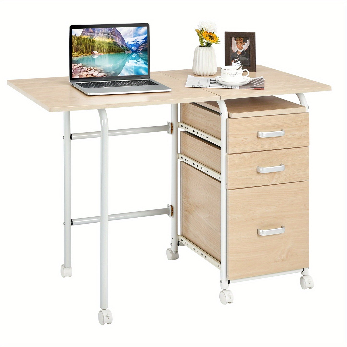 Vouwbureau – Opvouwbaar Bureau – Computerbureau – Werktafel – Inklapbaar Bureau – Met 3 Laden – Metalen Frame – Ruimtebesparend 105x50x75 cm – Verrijdbaar