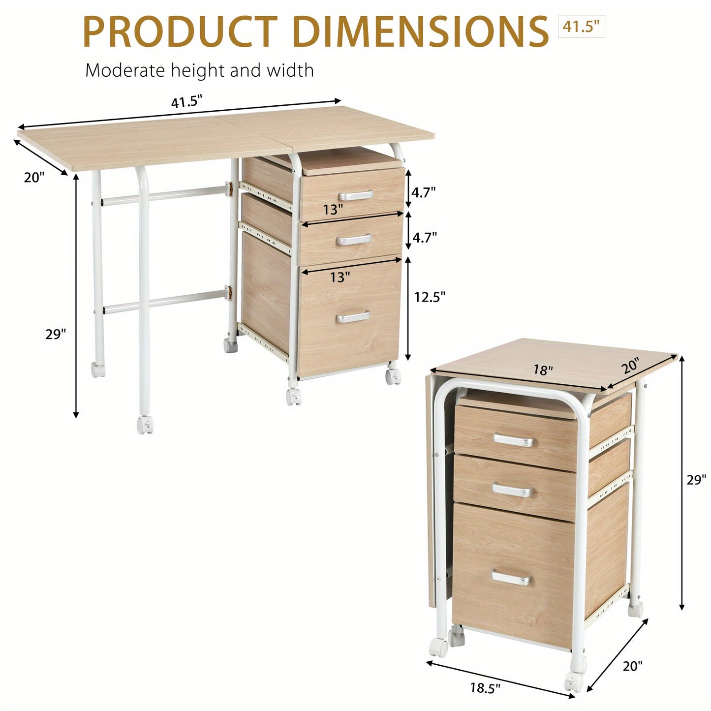 Vouwbureau – Opvouwbaar Bureau – Computerbureau – Werktafel – Inklapbaar Bureau – Met 3 Laden – Metalen Frame – Ruimtebesparend 105x50x75 cm – Verrijdbaar