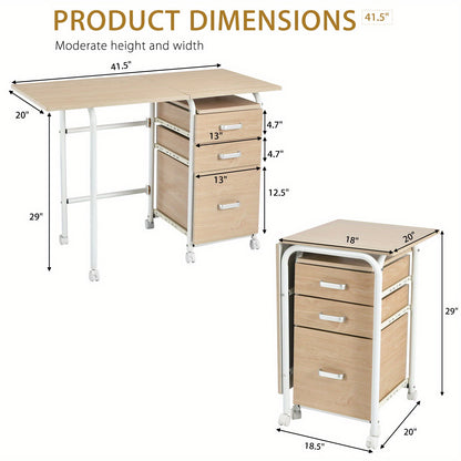 Vouwbureau – Opvouwbaar Bureau – Computerbureau – Werktafel – Inklapbaar Bureau – Met 3 Laden – Metalen Frame – Ruimtebesparend 105x50x75 cm – Verrijdbaar