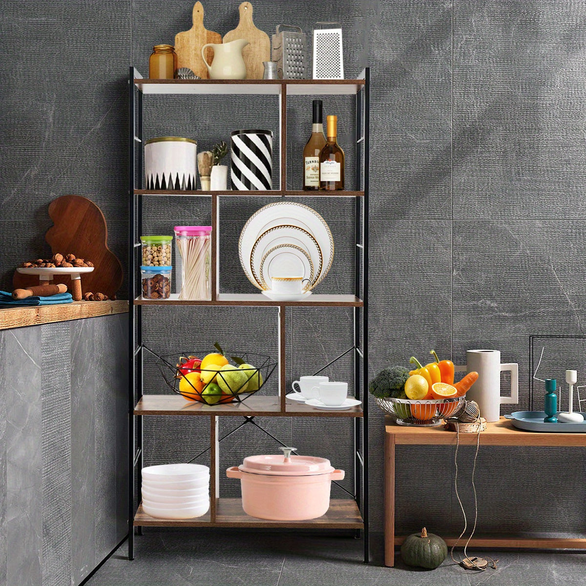 Boekenkast – Vakkenkast – Stellingkast – Roomdivider – Opbergkast – Industrieel Design – Met 5 Planken – Met Metalen Frame en Anti-Kantelbeveiliging