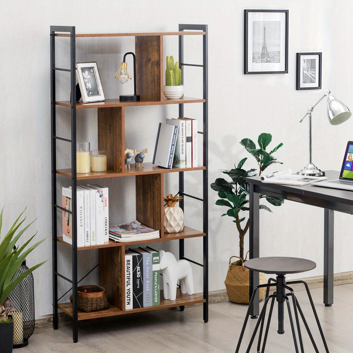 Boekenkast – Vakkenkast – Stellingkast – Roomdivider – Opbergkast – Industrieel Design – Met 5 Planken – Met Metalen Frame en Anti-Kantelbeveiliging