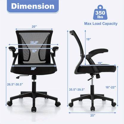Ergonomische Bureaustoel – Kantoorstoel – Werkstoel – Deskchair – Bureaustoel Met Wieltjes – Verstelbare Zithoogte 45-55 cm – 30° Wiegbare S-vormige Rugleuning – Flip-up Armleuningen – Zwart