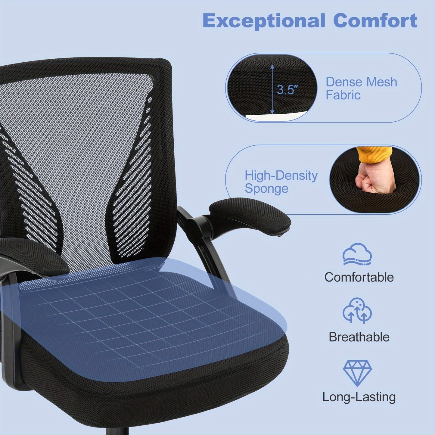 Ergonomische Bureaustoel – Kantoorstoel – Werkstoel – Deskchair – Bureaustoel Met Wieltjes – Verstelbare Zithoogte 45-55 cm – 30° Wiegbare S-vormige Rugleuning – Flip-up Armleuningen – Zwart