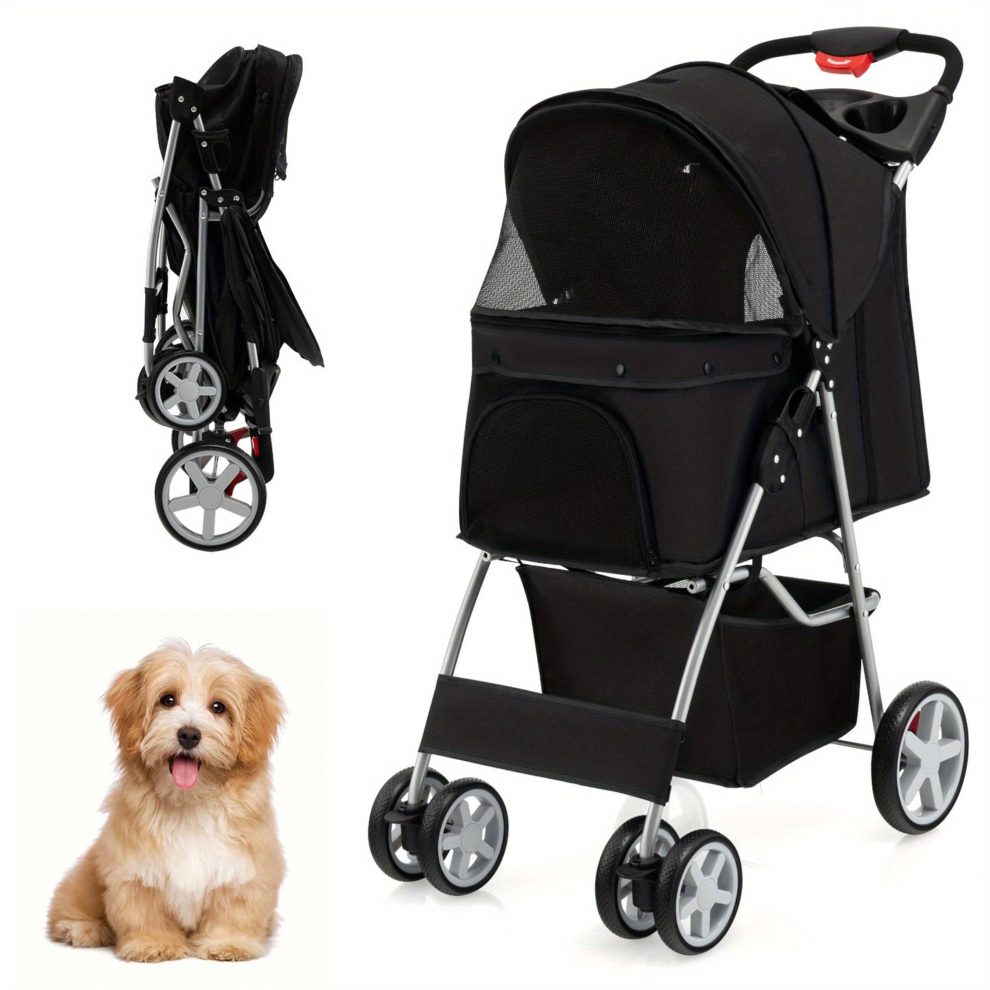 Huisdierbuggy – Hondenwagen – Dierenbuggy – Kattenwagen – Pet stroller – Zwart – Veilig ijzeren frame – Schokabsorberende EVA wielen