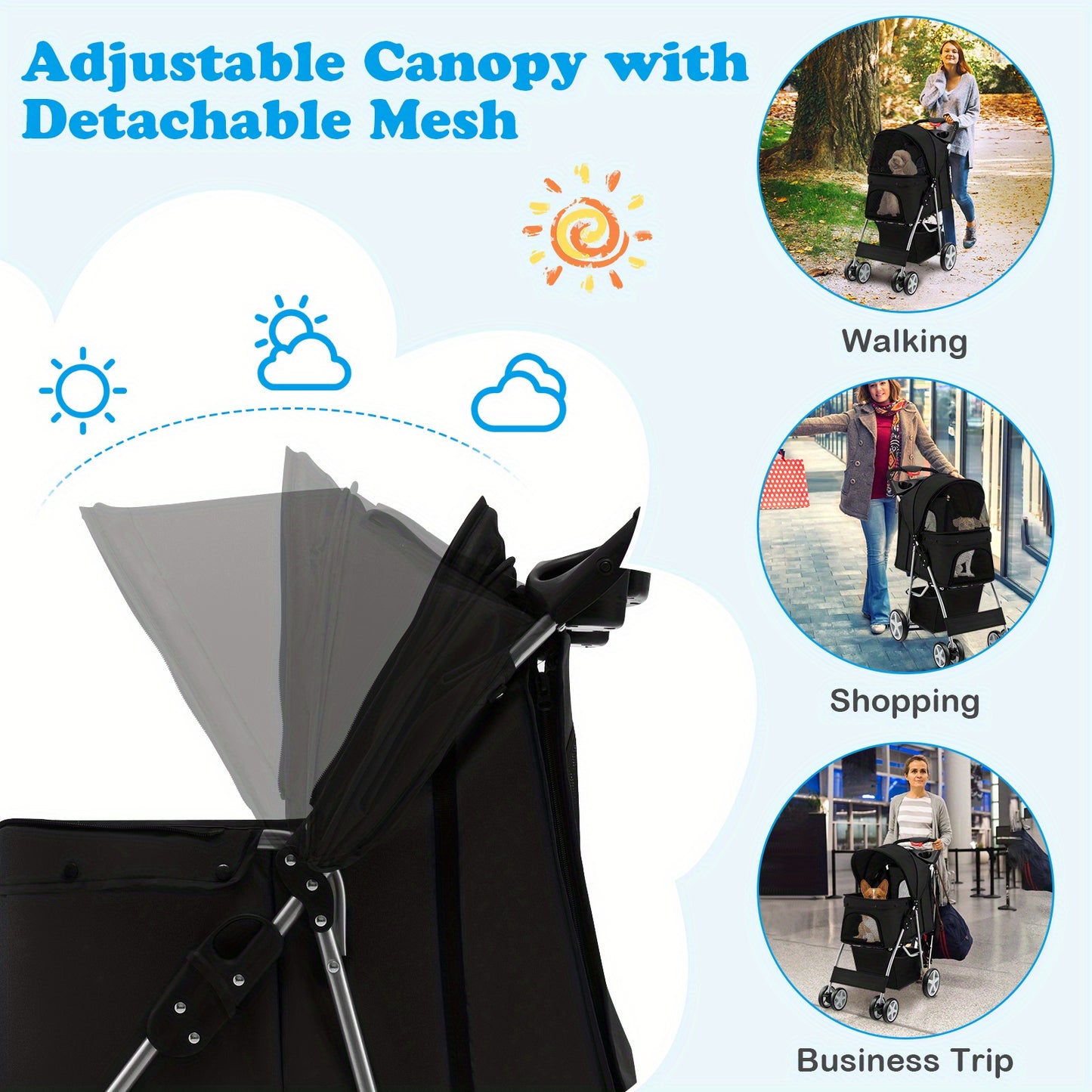 Huisdierbuggy – Hondenwagen – Dierenbuggy – Kattenwagen – Pet stroller – Zwart – Veilig ijzeren frame – Schokabsorberende EVA wielen
