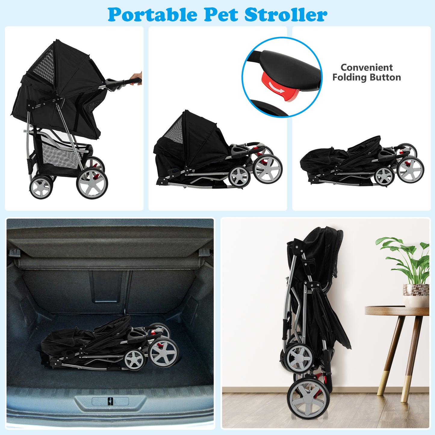 Huisdierbuggy – Hondenwagen – Dierenbuggy – Kattenwagen – Pet stroller – Zwart – Veilig ijzeren frame – Schokabsorberende EVA wielen