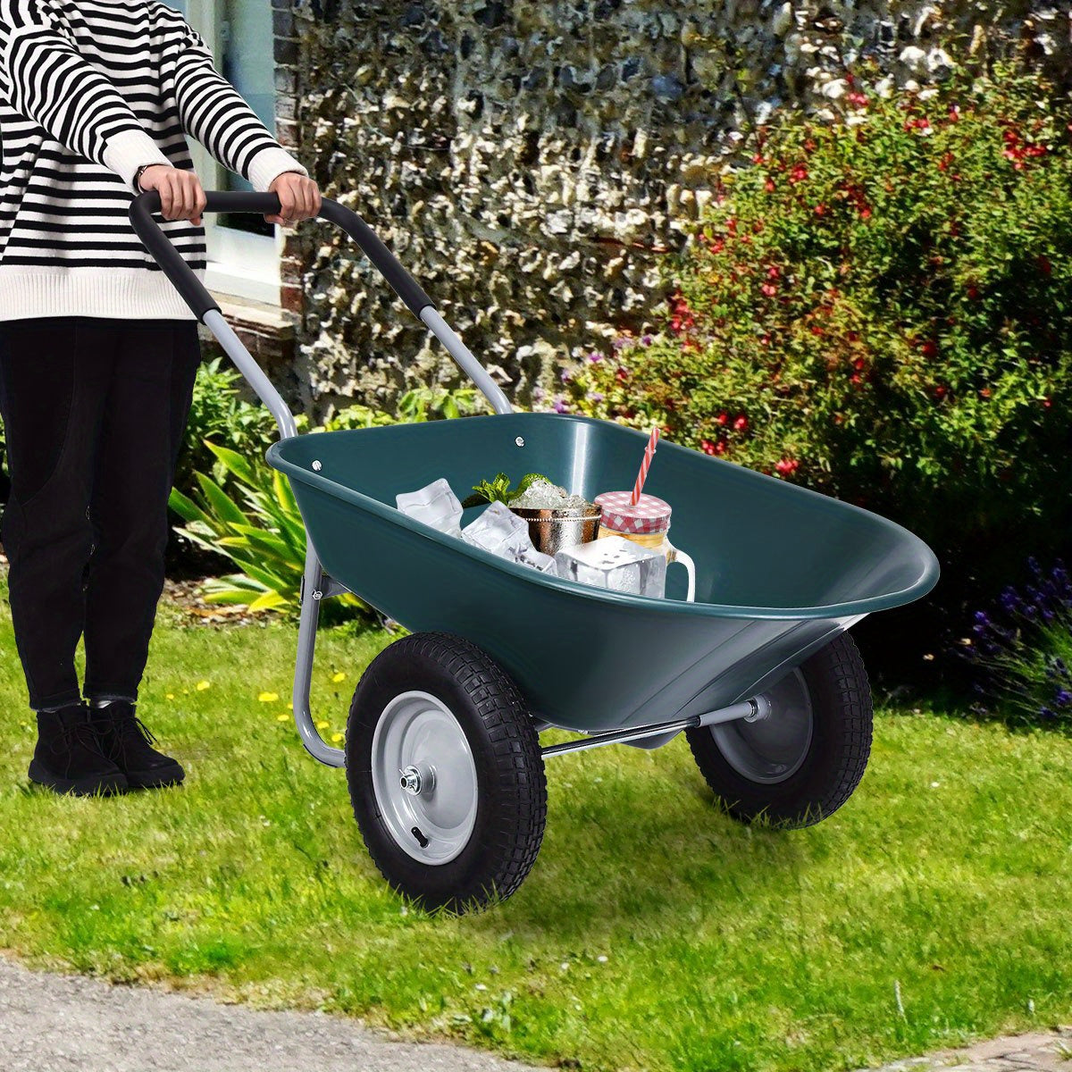 2-wiel Kruiwagen – Tuinkar – Tuinwagen – Aardeversplaatser – Transportkar – Stevig Stalen Frame – 13 Inch Luchtbanden – Groen