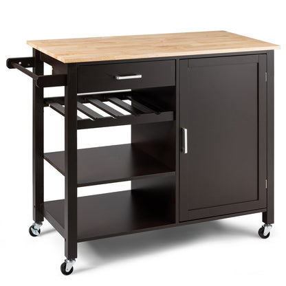 Keukenwagen op Wielen – Keukentrolley – Serveerwagen – Werkblad – Opbergwagen – Met Wijnrek en Lade – Stevig MDF en Massief Hout – Compact 100x48x90 cm – Bruin