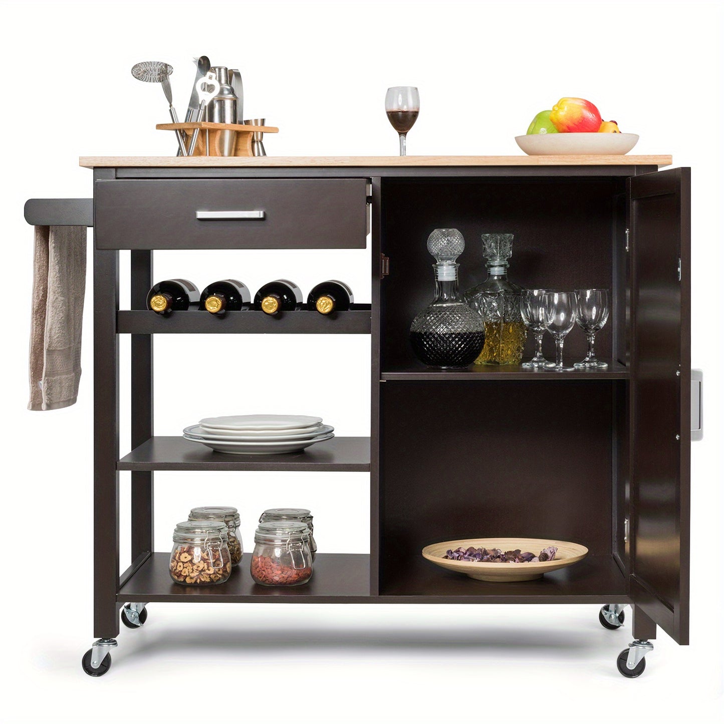 Keukenwagen op Wielen – Keukentrolley – Serveerwagen – Werkblad – Opbergwagen – Met Wijnrek en Lade – Stevig MDF en Massief Hout – Compact 100x48x90 cm – Bruin
