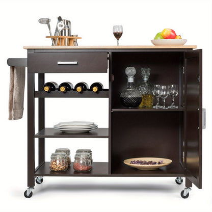 Keukenwagen op Wielen – Keukentrolley – Serveerwagen – Werkblad – Opbergwagen – Met Wijnrek en Lade – Stevig MDF en Massief Hout – Compact 100x48x90 cm – Bruin