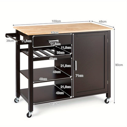 Keukenwagen op Wielen – Keukentrolley – Serveerwagen – Werkblad – Opbergwagen – Met Wijnrek en Lade – Stevig MDF en Massief Hout – Compact 100x48x90 cm – Bruin