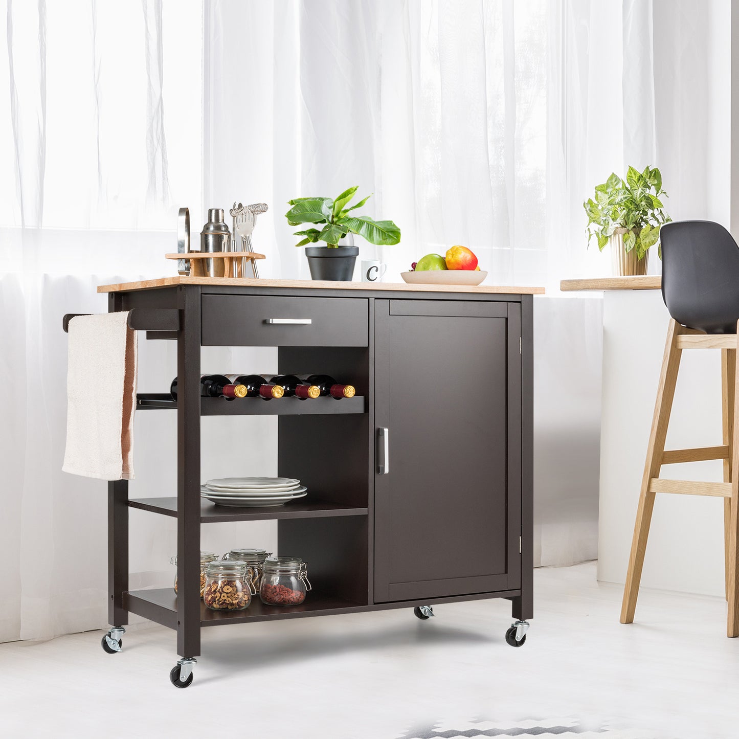 Keukenwagen op Wielen – Keukentrolley – Serveerwagen – Werkblad – Opbergwagen – Met Wijnrek en Lade – Stevig MDF en Massief Hout – Compact 100x48x90 cm – Bruin