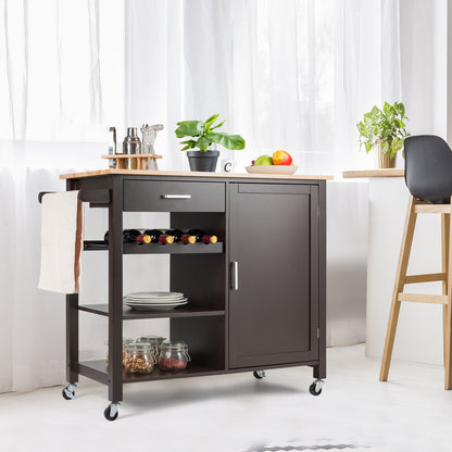 Keukenwagen op Wielen – Keukentrolley – Serveerwagen – Werkblad – Opbergwagen – Met Wijnrek en Lade – Stevig MDF en Massief Hout – Compact 100x48x90 cm – Bruin