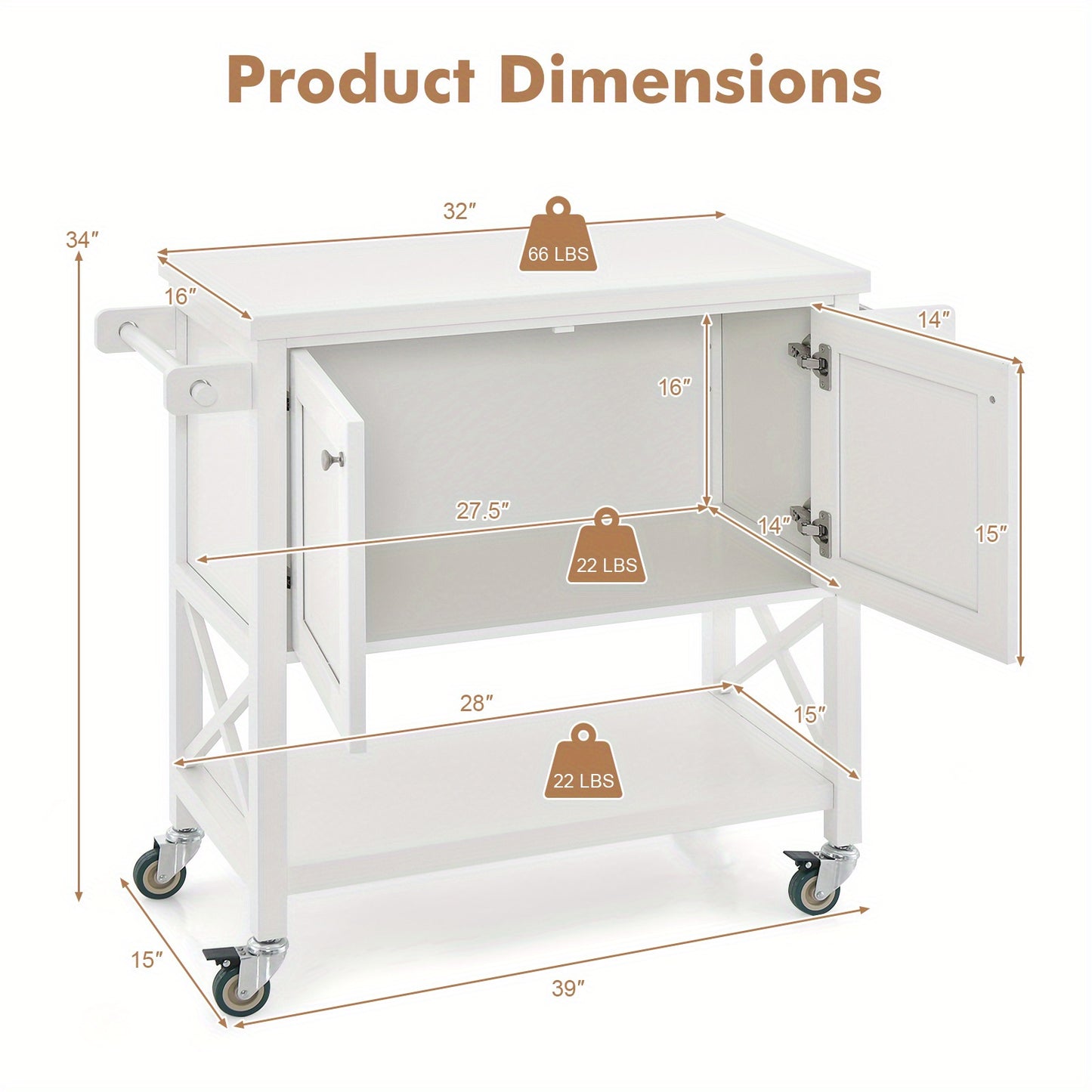 Kitchen trolley with cabinet, spice rack and shelf, serving trolley trolley 100x38x87cm white