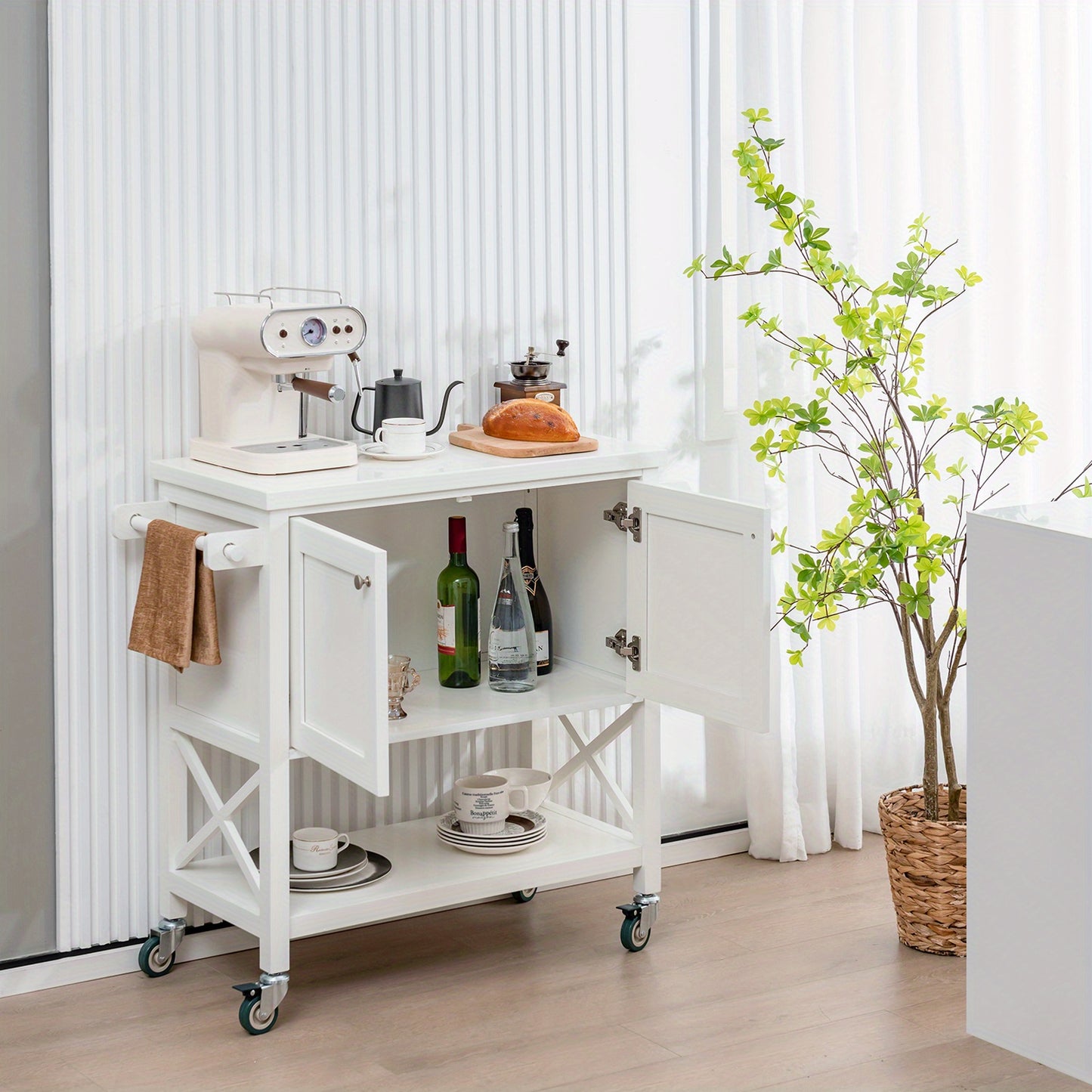 Kitchen trolley with cabinet, spice rack and shelf, serving trolley trolley 100x38x87cm white