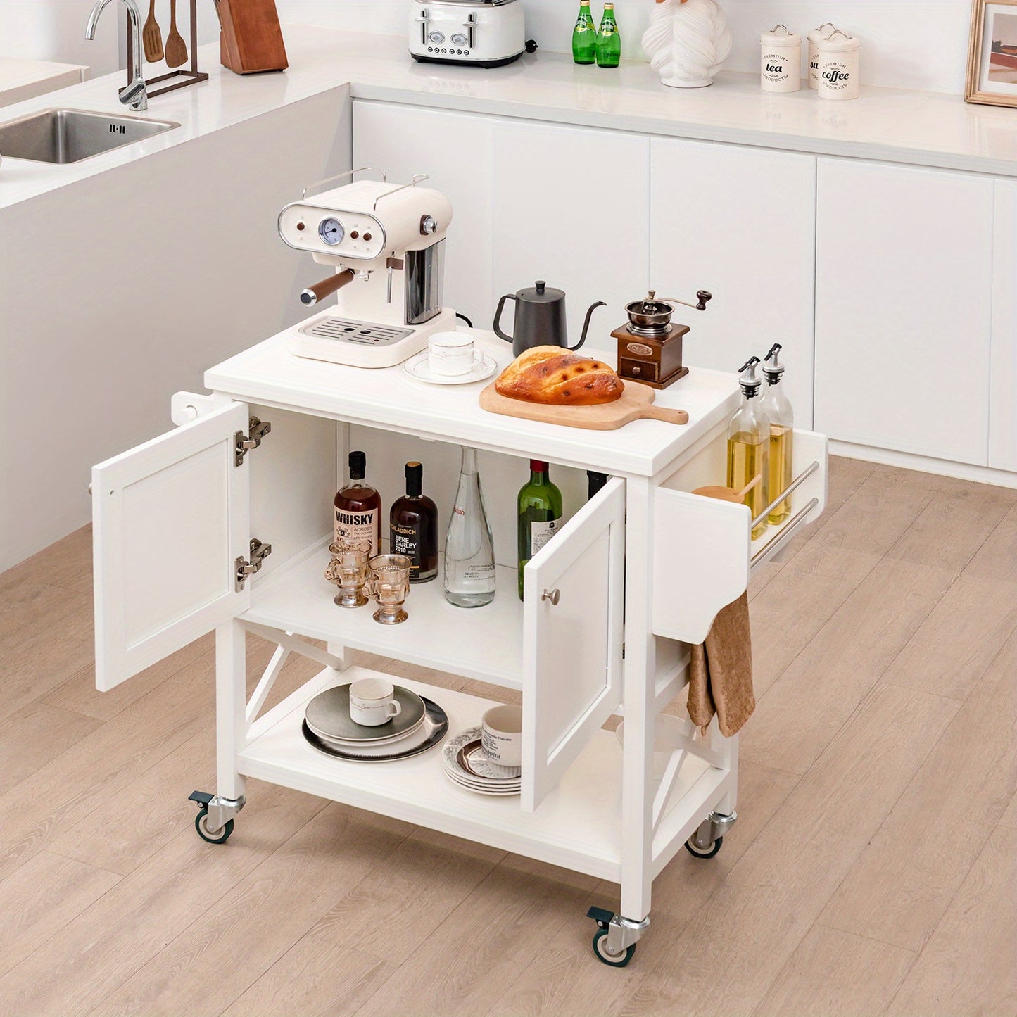 Kitchen trolley with cabinet, spice rack and shelf, serving trolley trolley 100x38x87cm white