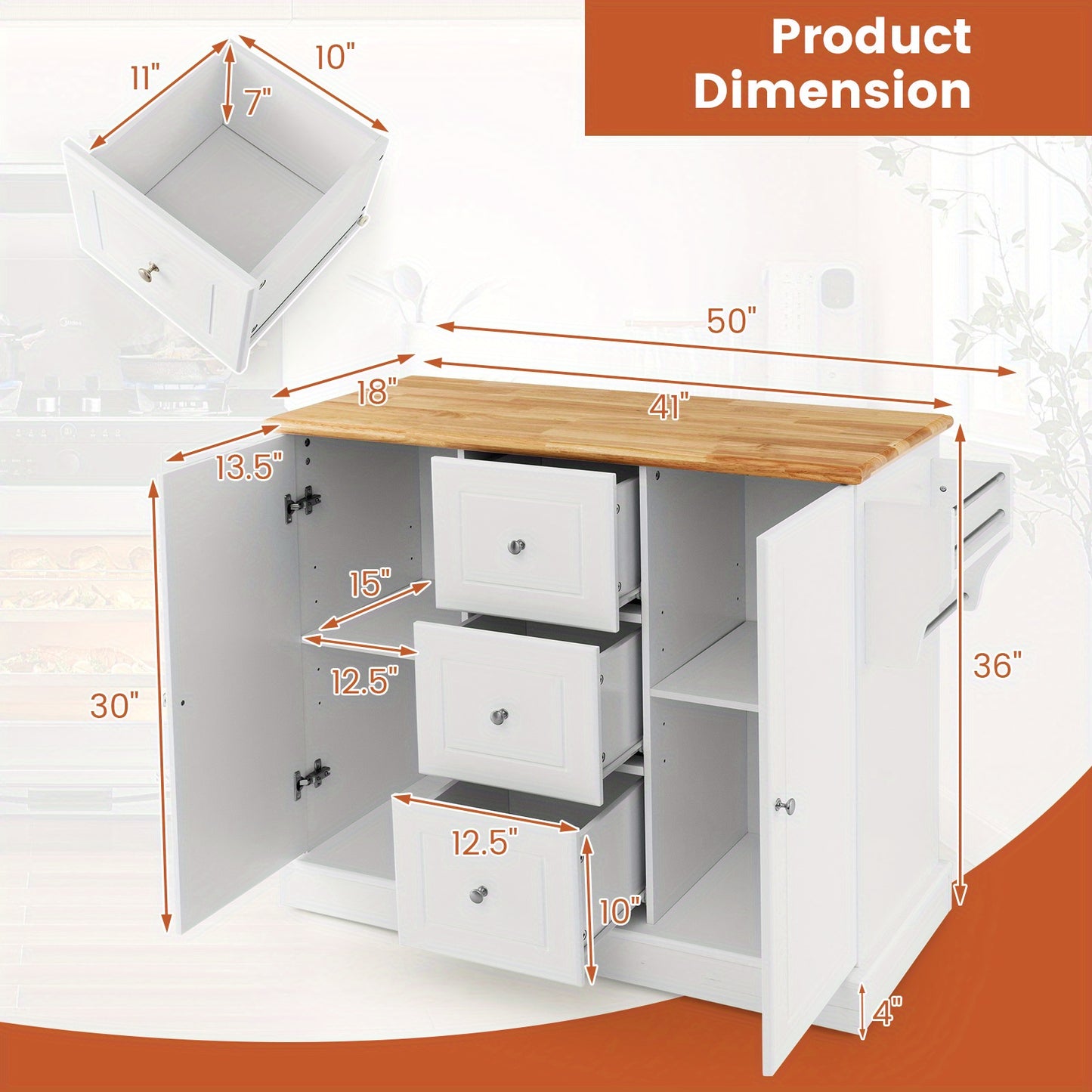 Houten Keukenwagen – Keukentrolley – Keukenkar – Keukenmeubel – Keukenwagen Wit – 5 Verstelbare Planken – Rubberen Houten Werkblad 50 kg