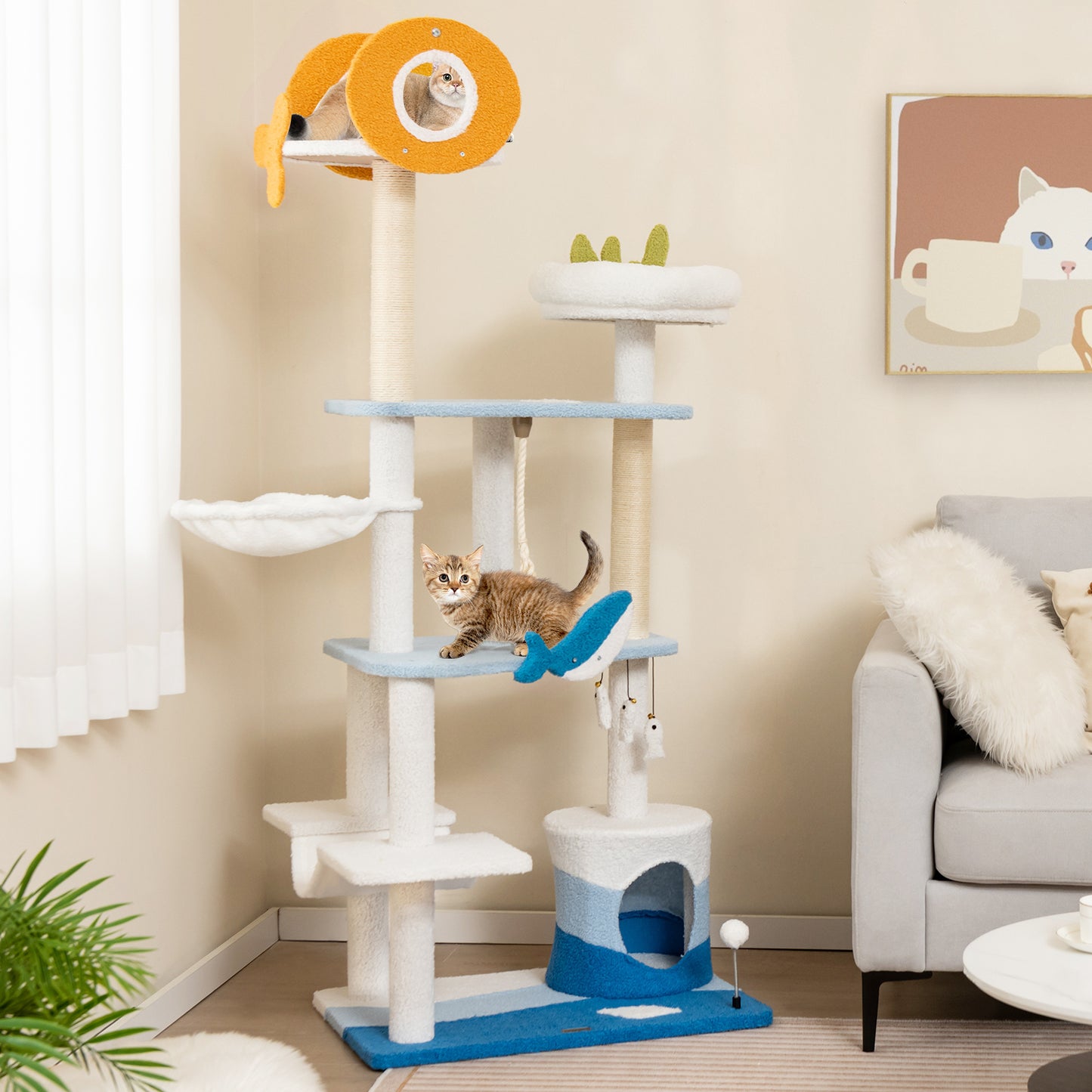 Krabpaal – Kattenboom – Kattenhuis – Kattenmeubel – Kattenkrabpaal – Multilevel Kattenboom – Duurzame Sisal Krabpalen – 69x49x168 cm Blauw