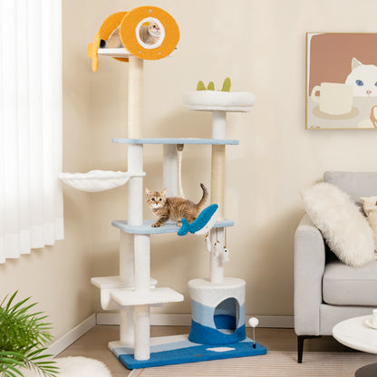 Krabpaal – Kattenboom – Kattenhuis – Kattenmeubel – Kattenkrabpaal – Multilevel Kattenboom – Duurzame Sisal Krabpalen – 69x49x168 cm Blauw