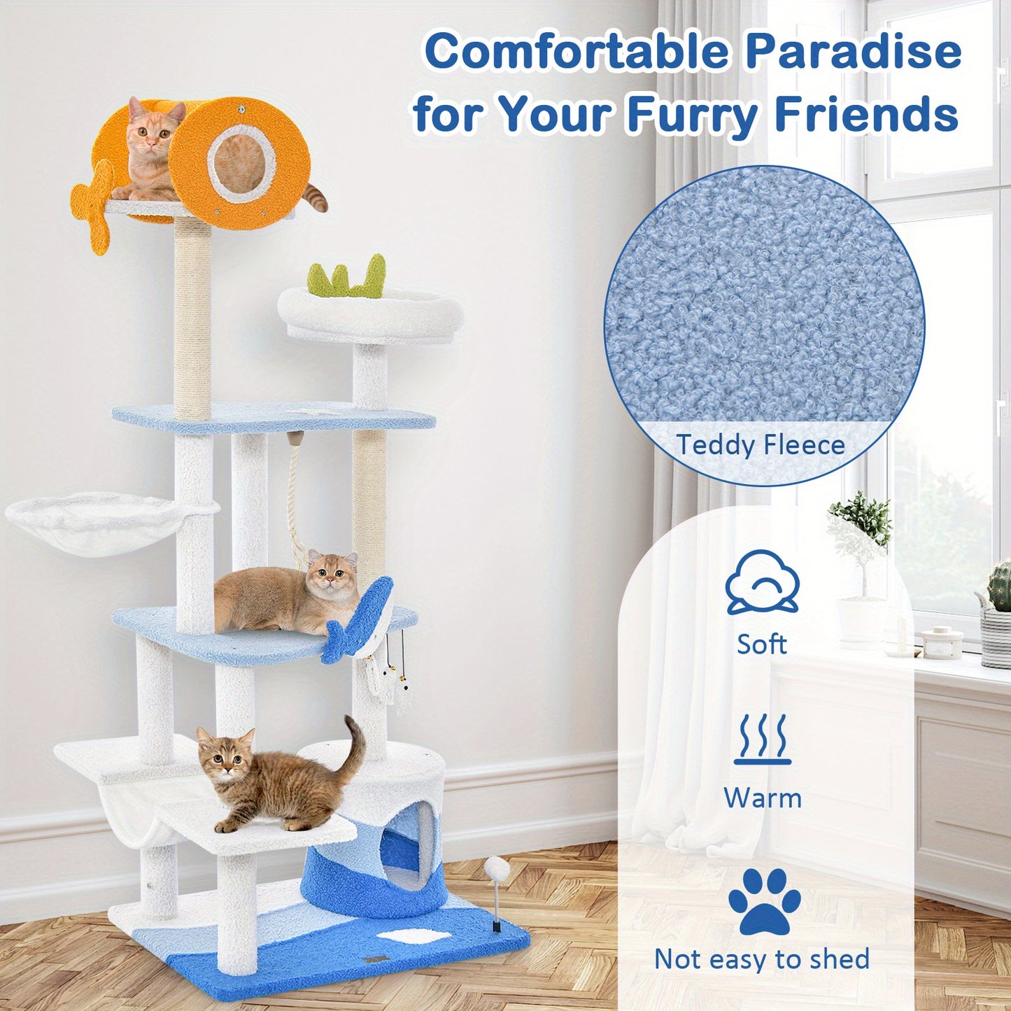 Krabpaal – Kattenboom – Kattenhuis – Kattenmeubel – Kattenkrabpaal – Multilevel Kattenboom – Duurzame Sisal Krabpalen – 69x49x168 cm Blauw