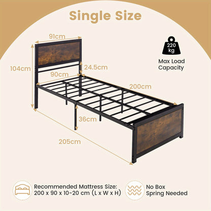 Bedframe – Industrieel Bed – Metalen Bed – Eenpersoonsbed – Jongerenbed – 90x200 cm – Hoog Hoofdeinde – 36 cm Opbergruimte Onder Bed