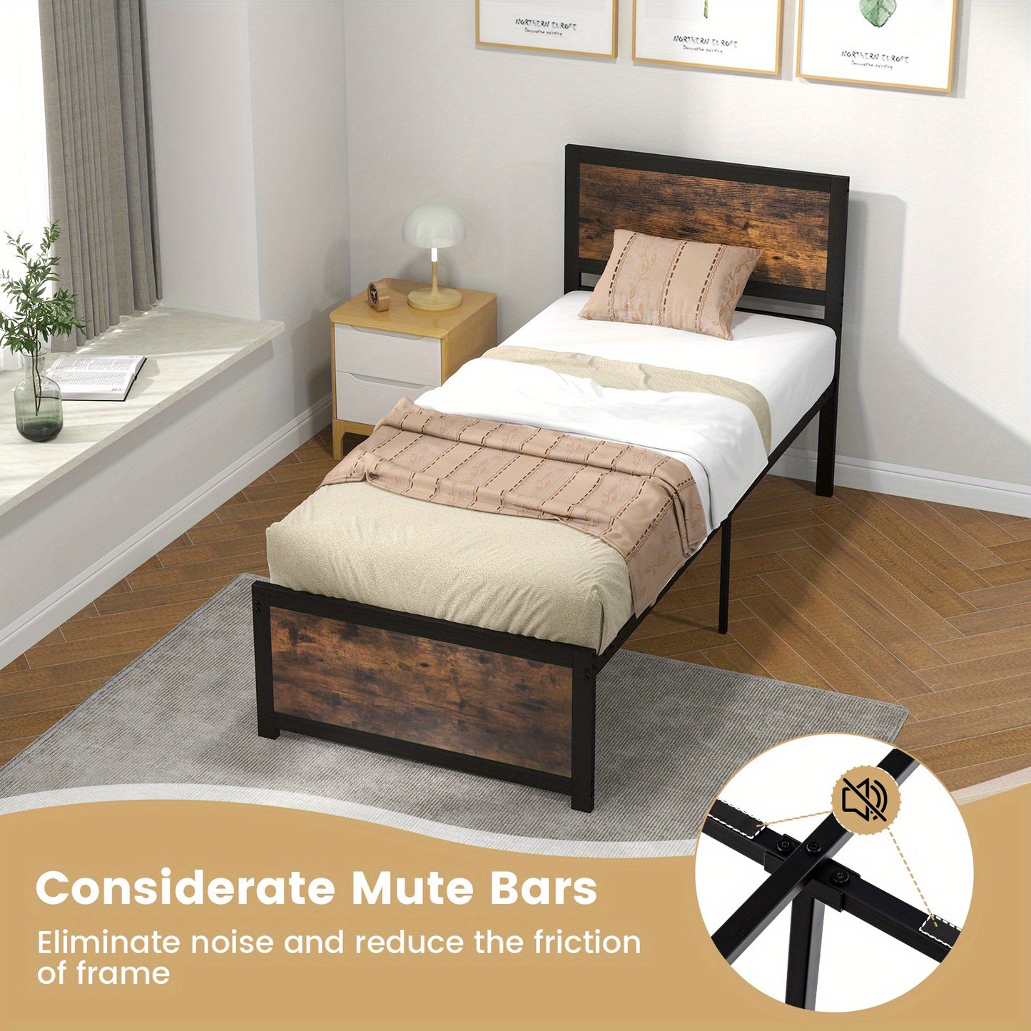 Bedframe – Industrieel Bed – Metalen Bed – Eenpersoonsbed – Jongerenbed – 90x200 cm – Hoog Hoofdeinde – 36 cm Opbergruimte Onder Bed