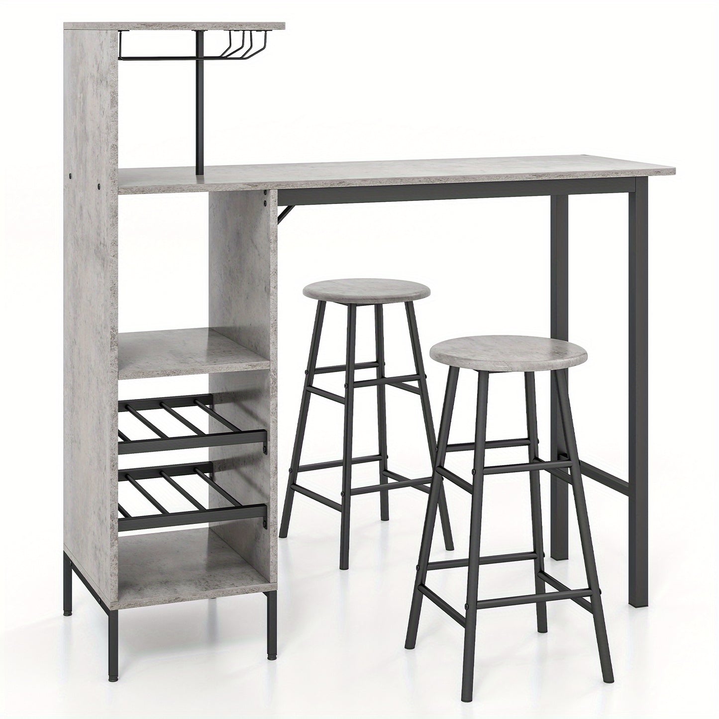 Barset – Tuinbarset – Bistroset – Barkrukset – Barmeubel – Industrieel Design – Inclusief Wijnrek en Glashouder – MDF Tafel met Metalen Frame – Compact Formaat 120x40x110 cm - Grijs
