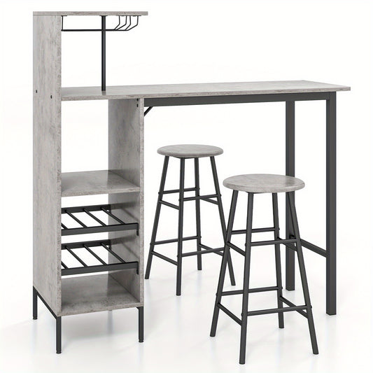 Barset – Tuinbarset – Bistroset – Barkrukset – Barmeubel – Industrieel Design – Inclusief Wijnrek en Glashouder – MDF Tafel met Metalen Frame – Compact Formaat 120x40x110 cm - Grijs