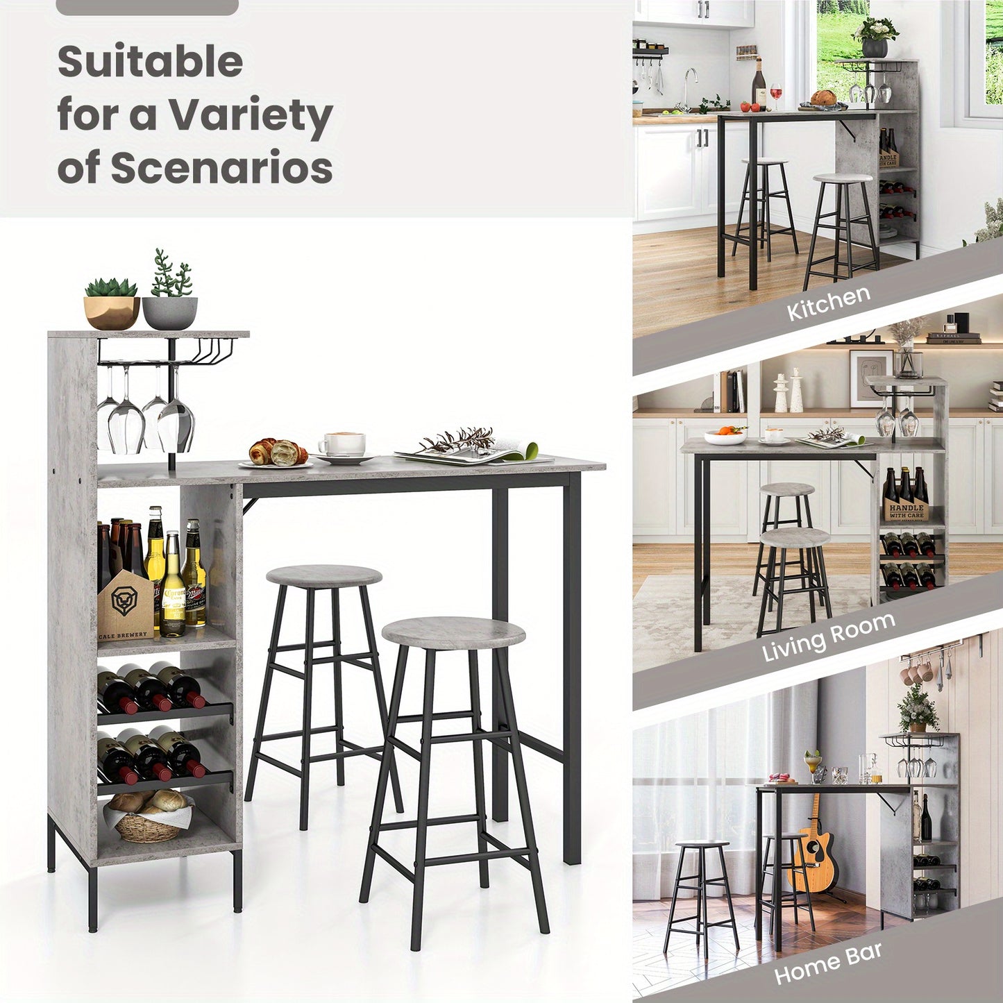 Barset – Tuinbarset – Bistroset – Barkrukset – Barmeubel – Industrieel Design – Inclusief Wijnrek en Glashouder – MDF Tafel met Metalen Frame – Compact Formaat 120x40x110 cm - Grijs