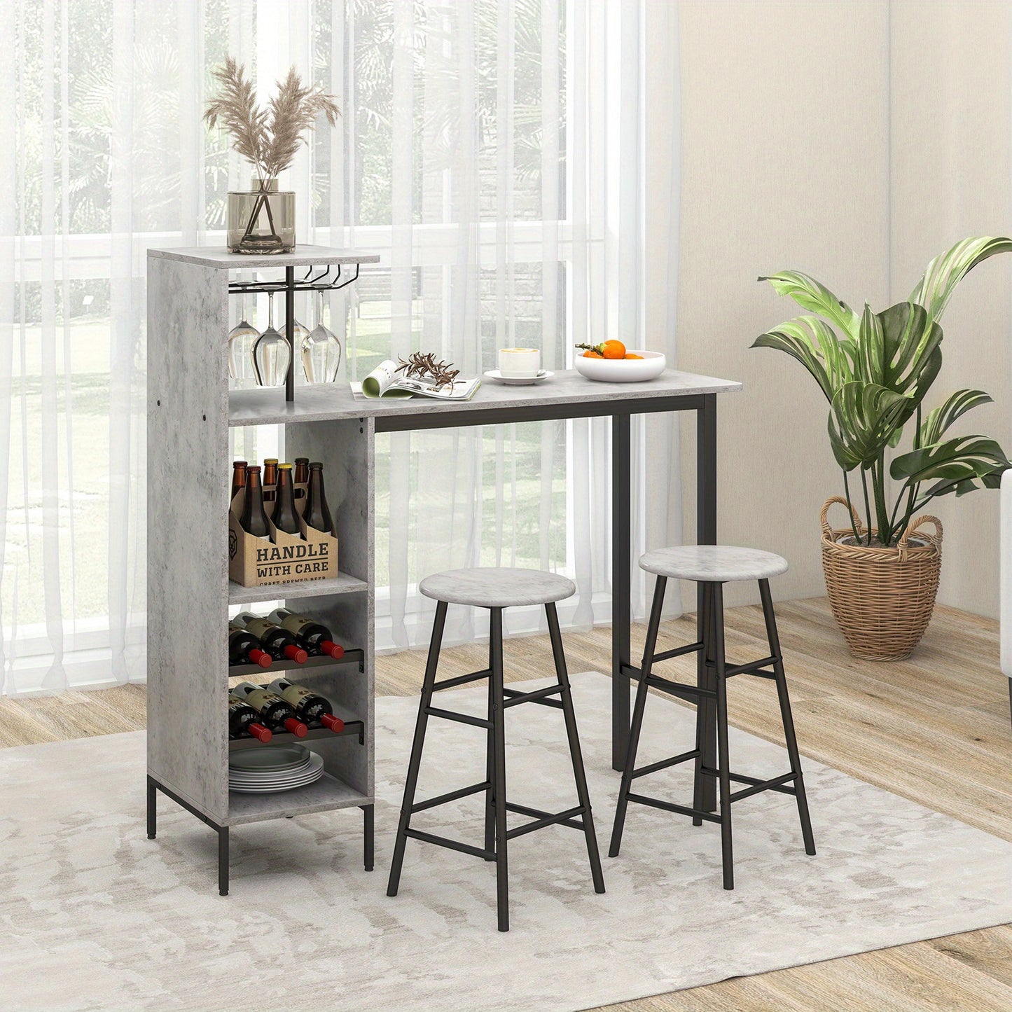 Barset – Tuinbarset – Bistroset – Barkrukset – Barmeubel – Industrieel Design – Inclusief Wijnrek en Glashouder – MDF Tafel met Metalen Frame – Compact Formaat 120x40x110 cm - Grijs
