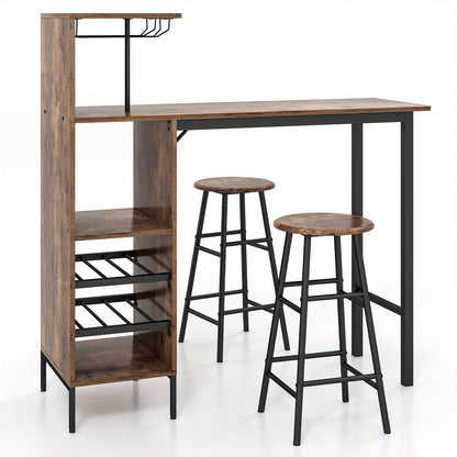 Barset – Barkrukken – Bartafel – Bistroset – Pubtafel – Vintage Bruin – Industriële Stijl – MDF Met Metaal – Inclusief Wijnrek Voor 6 Flessen