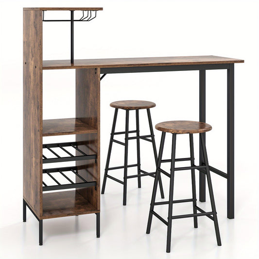 Barset – Barkrukken – Bartafel – Bistroset – Pubtafel – Vintage Bruin – Industriële Stijl – MDF Met Metaal – Inclusief Wijnrek Voor 6 Flessen