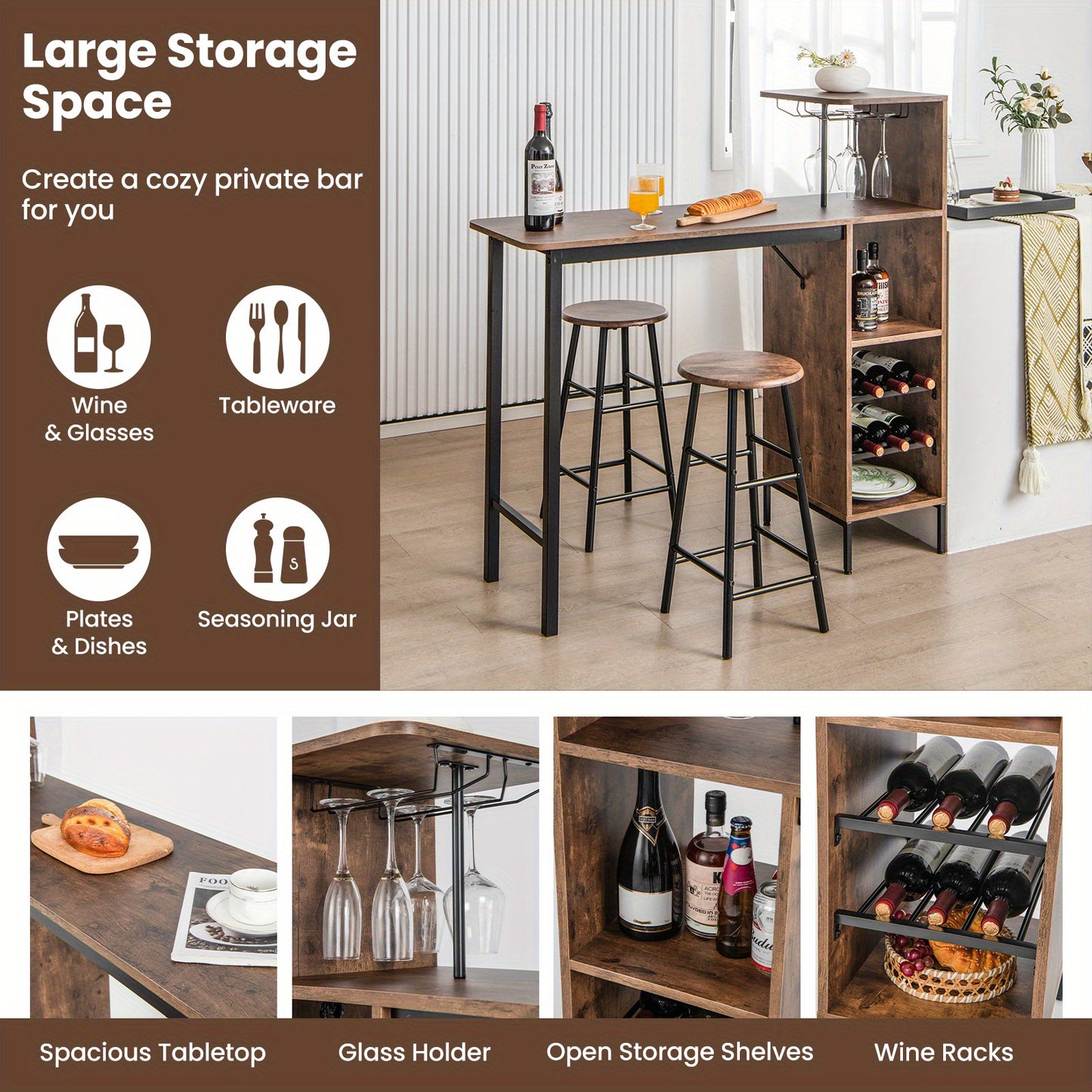 Barset – Barkrukken – Bartafel – Bistroset – Pubtafel – Vintage Bruin – Industriële Stijl – MDF Met Metaal – Inclusief Wijnrek Voor 6 Flessen
