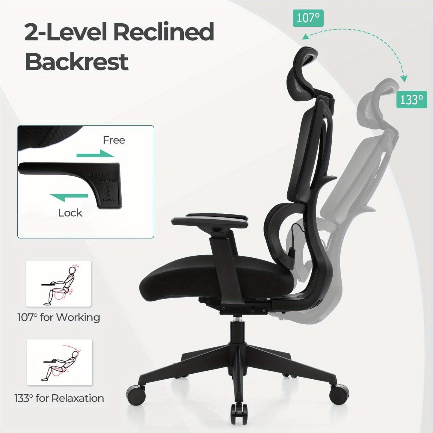 Bureaustoel – Bureaustoelen – Kantoorstoel – Draaistoel – Gamingstoel – Ergonomisch Design – Verstelbare Rugleuning – Mesh & Spons – Zwart – Max. 160 kg