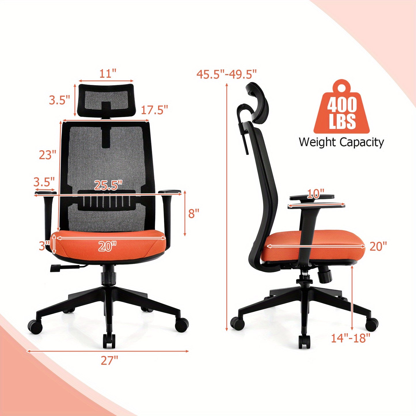 Ergonomische Bureaustoel – Kantoorstoel – Design Stoel – Bureaustoel Thuis – Werkstoel – 360° Draaibaar – Verstelbare Zithoogte – Zwart Polyester