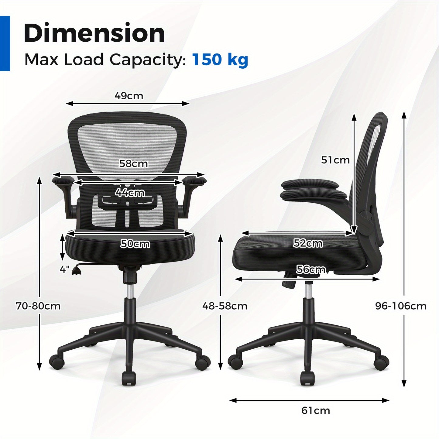 Bureaustoel – Bureaustoelen – Kantoorstoel – Draaistoel – Gamestoel – Verstelbare Rugleuning 90°-120° – Ademend Mesh Met 10 cm Dikte Zitting – Zwart