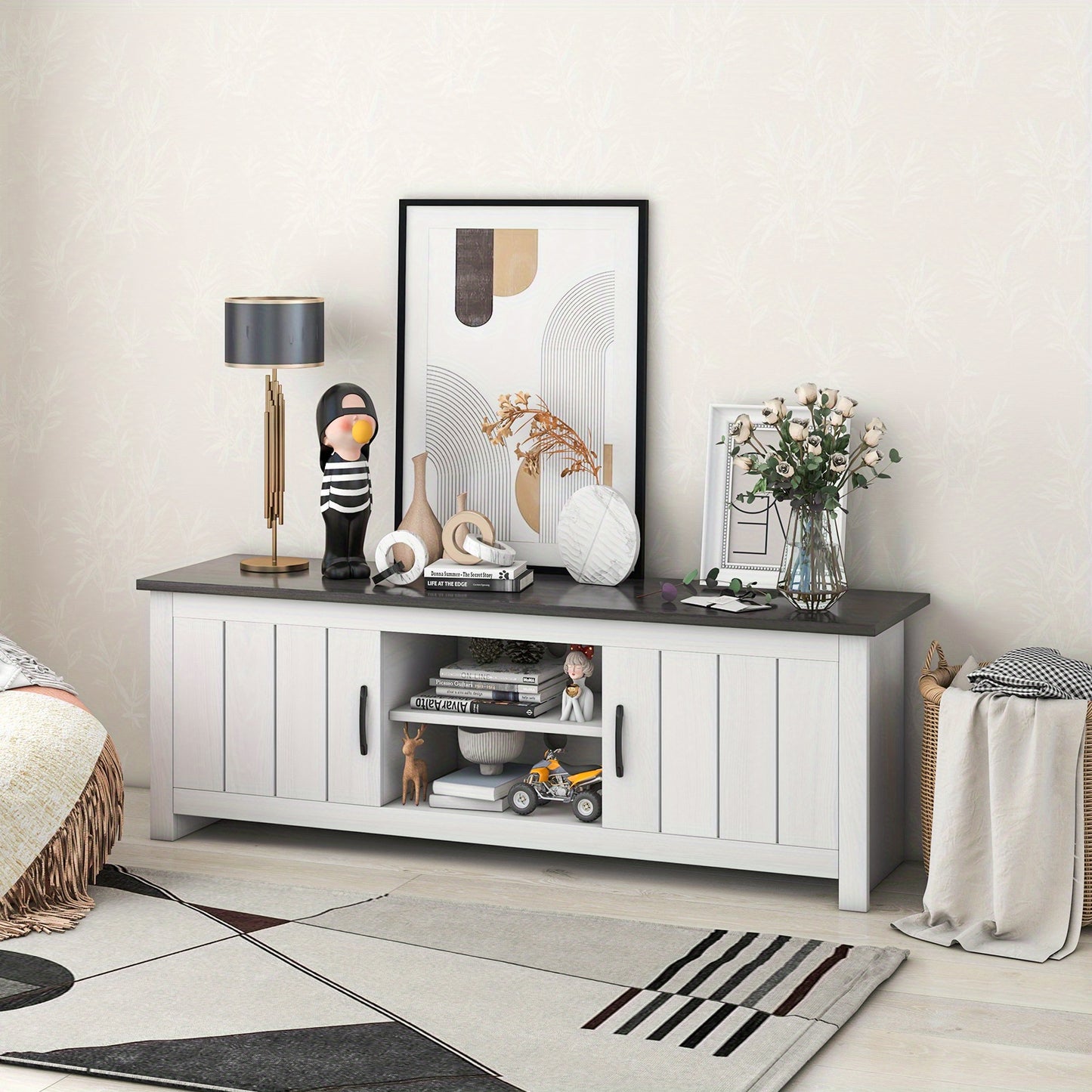 TV-meubel – TV-kast – Lowboard – TV-standaard – TV-tafel – Geschikt voor TV tot 65 inch – Met Kasten en Open Planken – Wit Bruin – 145 x 40 x 50 cm